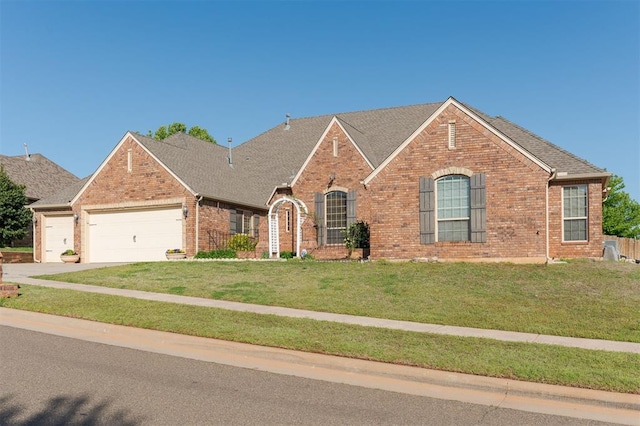19605 Talavera Ln, Edmond, OK 73012 - view of front of house with an attached garage, concrete driveway, a front lawn, and brick siding
