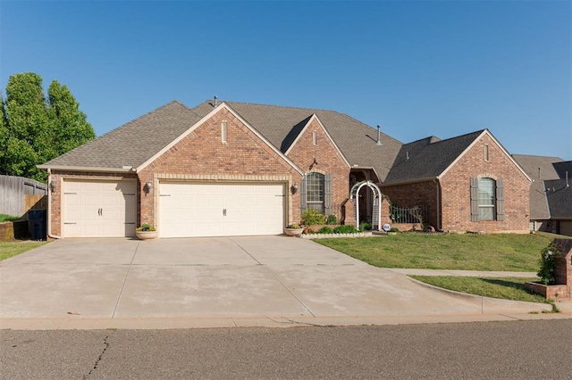 19605 Talavera Ln, Edmond, OK 73012 - view of front facade featuring an attached garage, fence, brick siding, a front lawn, and driveway