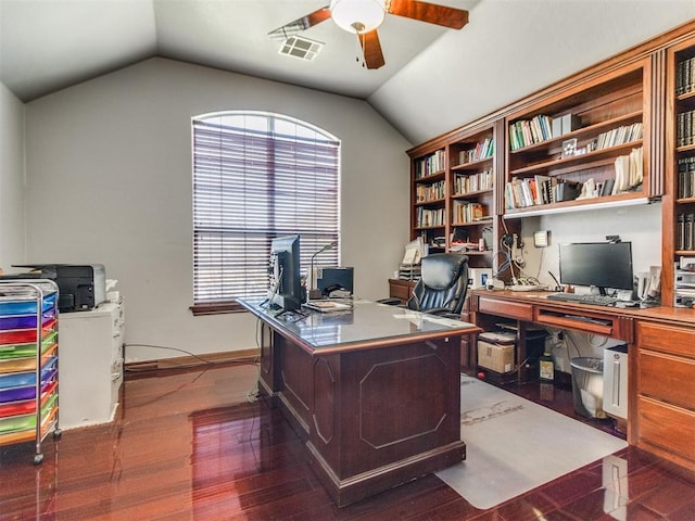 office area featuring ceiling fan, lofted ceiling, dark wood-style flooring, and baseboards
