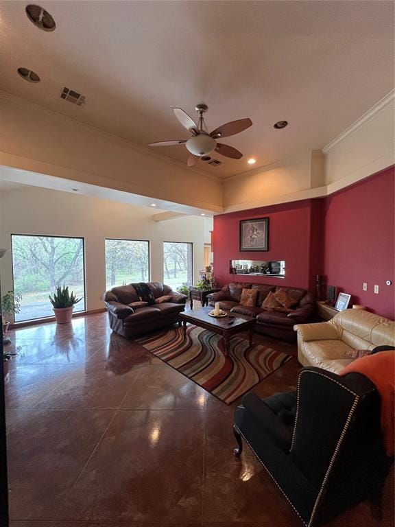 living area featuring ornamental molding, ceiling fan, recessed lighting, and visible vents