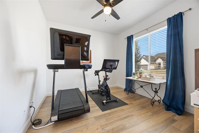 8416 NW 130th St, Oklahoma City, OK 73142 - workout room featuring wood finished floors, ceiling fan, and baseboards