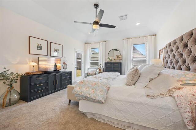8416 NW 130th St, Oklahoma City, OK 73142 - bedroom featuring recessed lighting, visible vents, access to exterior, ceiling fan, and light colored carpet