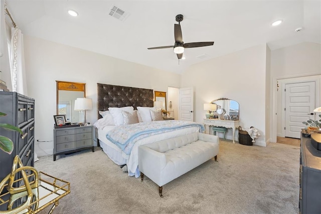 8416 NW 130th St, Oklahoma City, OK 73142 - bedroom featuring a ceiling fan, visible vents, vaulted ceiling, recessed lighting, and light carpet