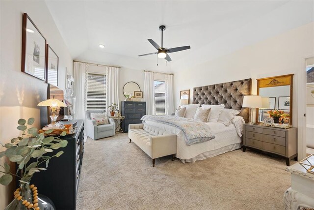 8416 NW 130th St, Oklahoma City, OK 73142 - bedroom with light carpet, ceiling fan, and recessed lighting