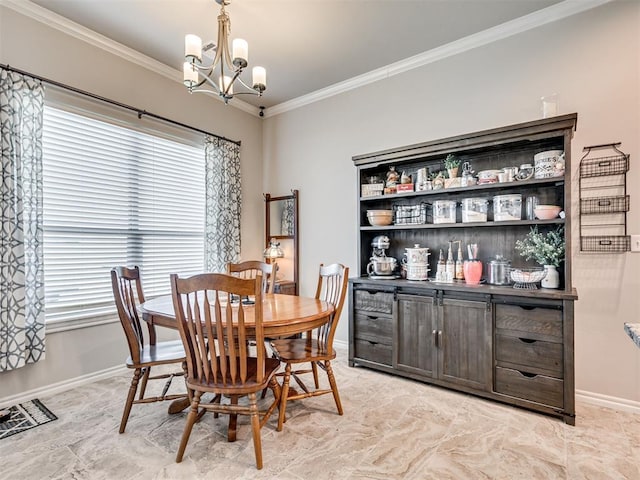 207 Lyla Glen St, Washington, OK 73093 - dining space featuring ornamental molding, a chandelier, plenty of natural light, and baseboards