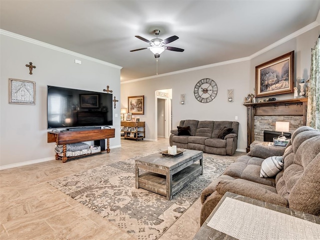 207 Lyla Glen St, Washington, OK 73093 - living room with ornamental molding, ceiling fan, baseboards, and a fireplace