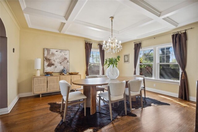 500 NW 41st St, Oklahoma City, OK 73118 - dining room featuring wood-type flooring, baseboards, an inviting chandelier, and coffered ceiling