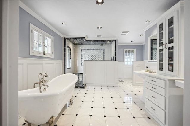 500 NW 41st St, Oklahoma City, OK 73118 - full bathroom featuring a shower stall, wainscoting, and crown molding
