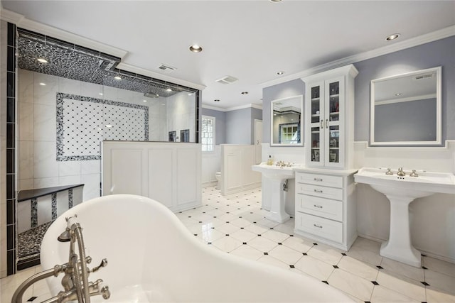 500 NW 41st St, Oklahoma City, OK 73118 - full bath with crown molding, a freestanding bath, tiled shower, and visible vents