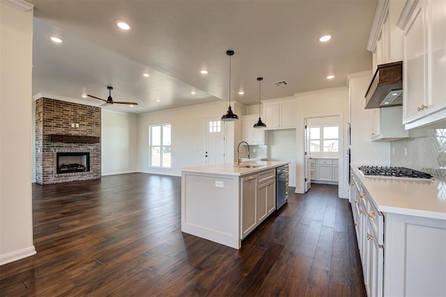 kitchen with open floor plan, a ceiling fan, exhaust hood, decorative backsplash, and a sink