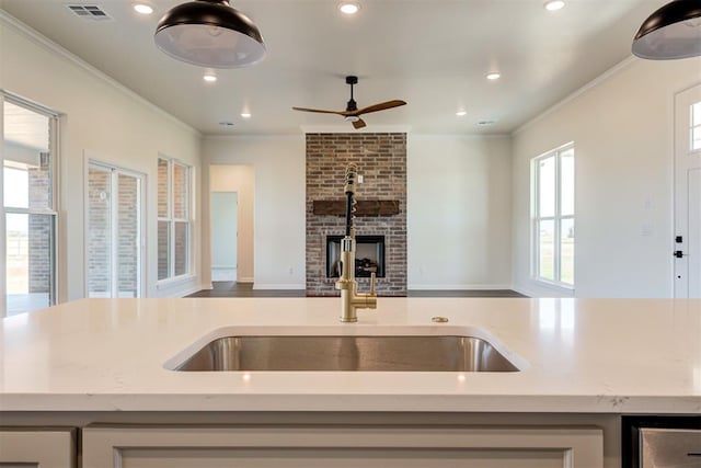 kitchen with open floor plan, visible vents, a sink, and ornamental molding