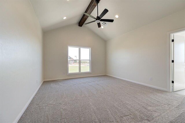 carpeted empty room with baseboards, lofted ceiling with beams, recessed lighting, visible vents, and ceiling fan