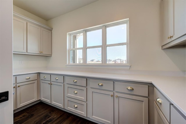 kitchen with light countertops, gray cabinetry, and dark wood-style floors