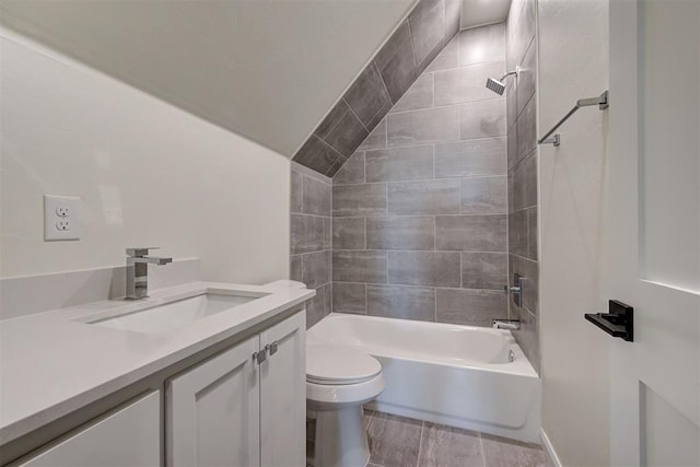 full bathroom with vanity, shower / tub combination, wood tiled floor, and toilet