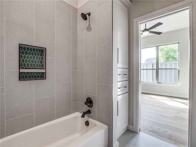 full bathroom featuring tile patterned floors,  shower combination, and ceiling fan