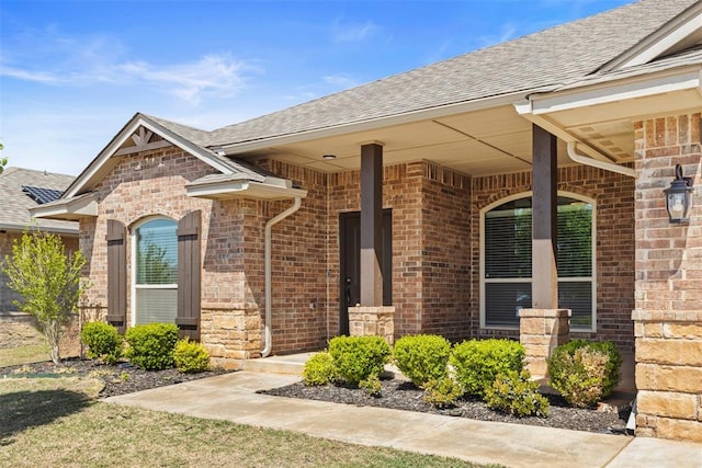 9233 SW 48th Ter, Oklahoma City, OK 73179 - view of exterior entry with brick siding and a shingled roof