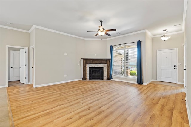 9233 SW 48th Ter, Oklahoma City, OK 73179 - unfurnished living room with light wood-type flooring, crown molding, ceiling fan, and baseboards