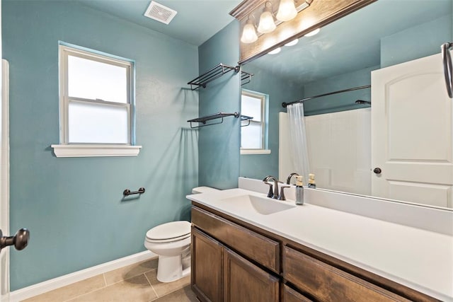 9233 SW 48th Ter, Oklahoma City, OK 73179 - full bath with visible vents, baseboards, toilet, vanity, and tile patterned floors