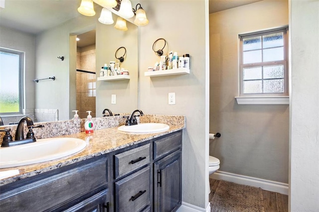 bathroom featuring double vanity, baseboards, a sink, and toilet