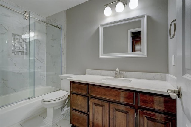 full bath with toilet, tile patterned floors, shower / bath combination with glass door, and vanity