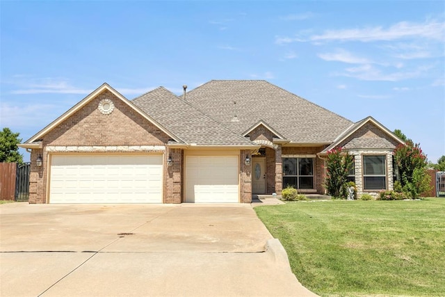 18395 Wild Horse Trl, Norman, OK 73072 - view of front of house with fence, a front lawn, brick siding, an attached garage, and driveway