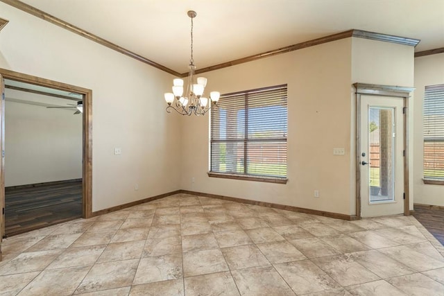 18395 Wild Horse Trl, Norman, OK 73072 - unfurnished room featuring ceiling fan with notable chandelier, baseboards, and ornamental molding