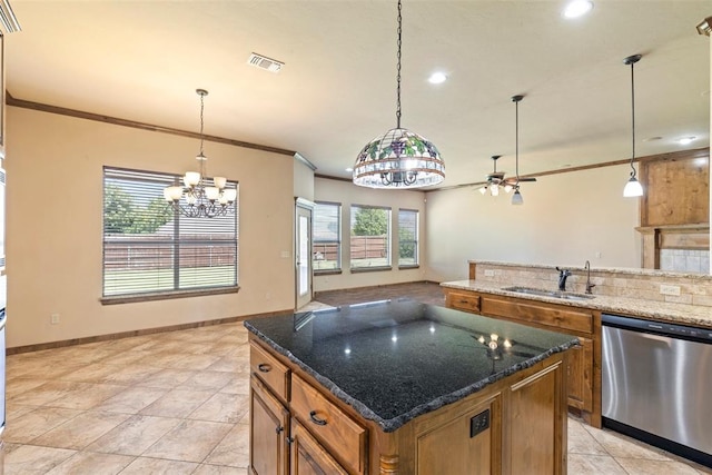 18395 Wild Horse Trl, Norman, OK 73072 - kitchen featuring ceiling fan with notable chandelier, stainless steel dishwasher, ornamental molding, a sink, and brown cabinets