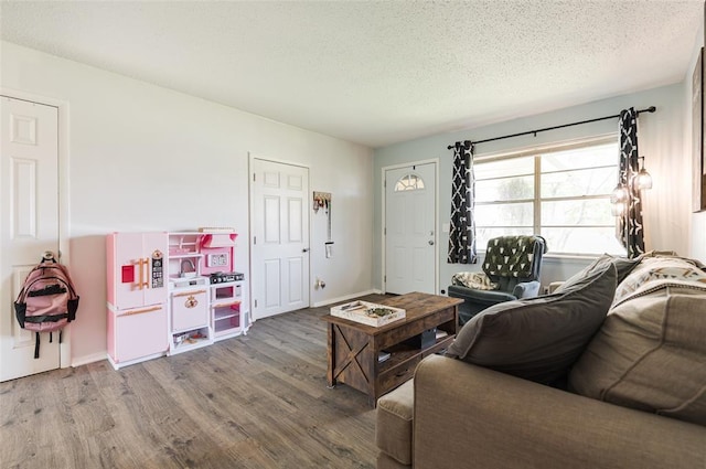 living room with a textured ceiling and wood finished floors