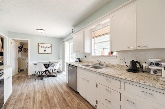 kitchen with a sink, stainless steel dishwasher, light wood finished floors, and decorative backsplash