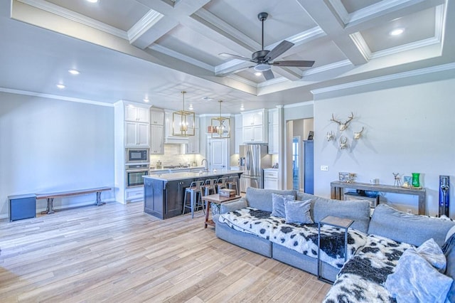9328 NW 118th St, Yukon, OK 73099 - living room featuring light wood-style floors, a ceiling fan, beam ceiling, and coffered ceiling