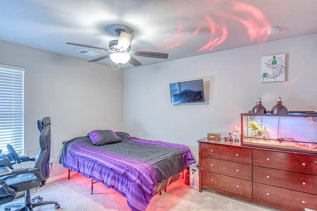 9328 NW 118th St, Yukon, OK 73099 - bedroom featuring visible vents, ceiling fan, light colored carpet, and baseboards