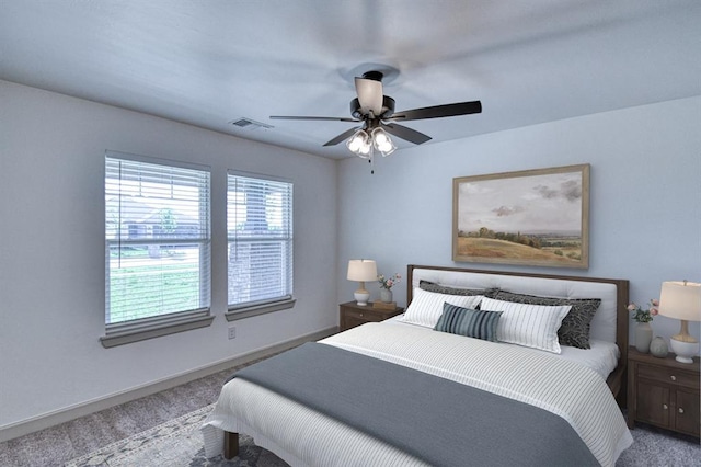 bedroom featuring baseboards, a ceiling fan, visible vents, and carpet