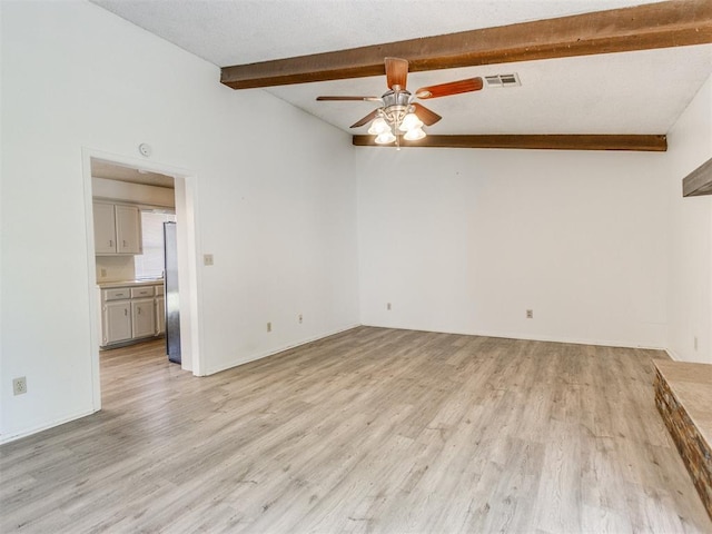 2416 Ellis Dr, Shawnee, OK 74804 - spare room featuring light wood finished floors, visible vents, a ceiling fan, and beam ceiling