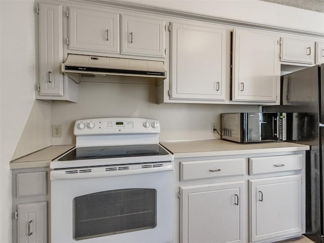2416 Ellis Dr, Shawnee, OK 74804 - kitchen with white cabinets, light countertops, white electric stove, and premium range hood