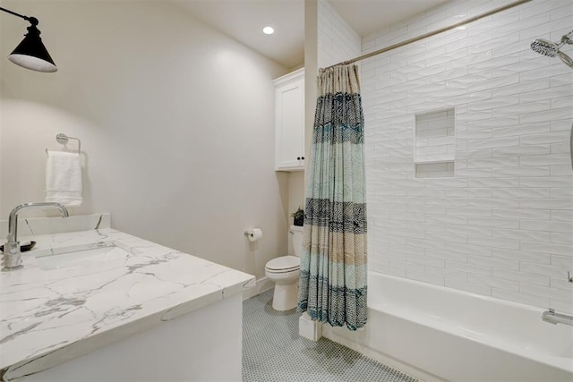 full bathroom with tile patterned floors, vanity, shower / tub combo with curtain, toilet, and recessed lighting