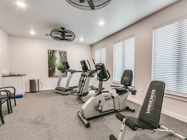 gym featuring baseboards, visible vents, recessed lighting, and carpet flooring