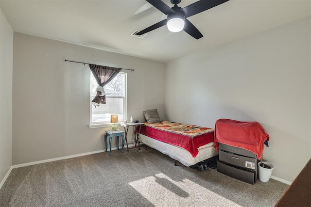 bedroom with carpet flooring, baseboards, a ceiling fan, and visible vents