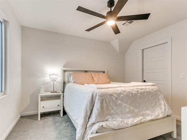 3532 Paso Robles Ter, Edmond, OK 73034 - bedroom with visible vents, baseboards, ceiling fan, carpet, and lofted ceiling