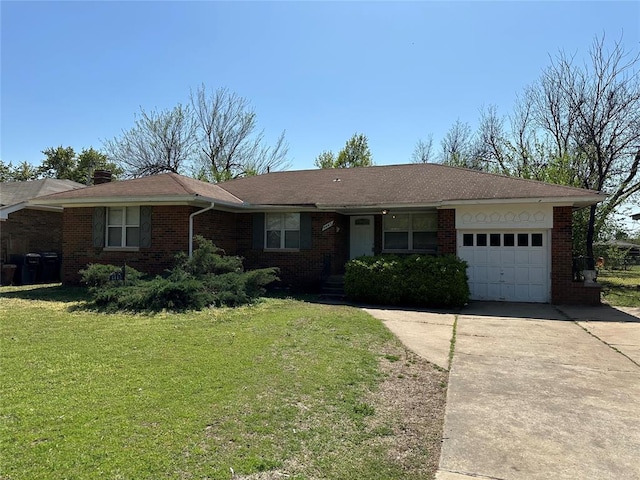 4445 NW 19th St, Oklahoma City, OK 73107 - ranch-style house with an attached garage, driveway, a front lawn, and brick siding