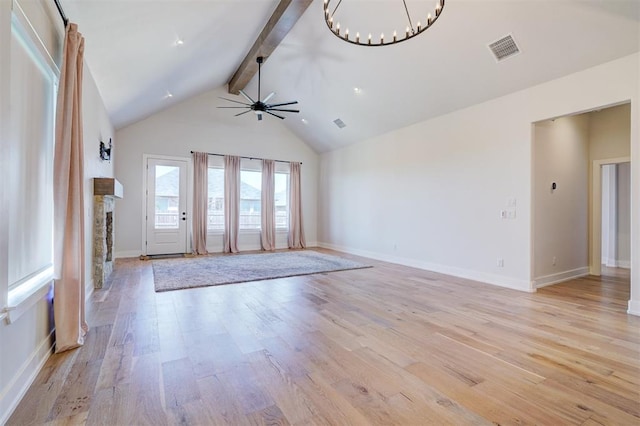 101 Pont Neuf Ct, Edmond, OK 73034 - unfurnished living room featuring a fireplace, light wood-style flooring, visible vents, beamed ceiling, and ceiling fan with notable chandelier