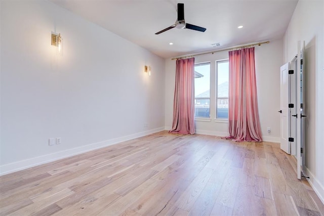 101 Pont Neuf Ct, Edmond, OK 73034 - empty room featuring visible vents, baseboards, ceiling fan, recessed lighting, and light wood-style flooring