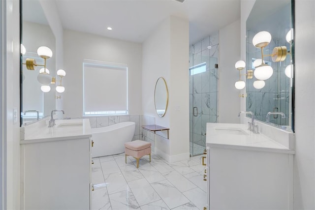 101 Pont Neuf Ct, Edmond, OK 73034 - full bathroom with a shower stall, two vanities, and a sink