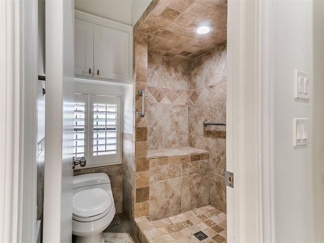 full bathroom featuring toilet and a shower stall