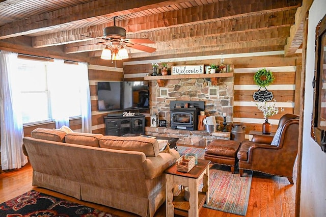 31230 N County Road 3170, Elmore City, OK 73433 - living area with wooden walls, wood finished floors, a wood stove, wooden ceiling, and beamed ceiling