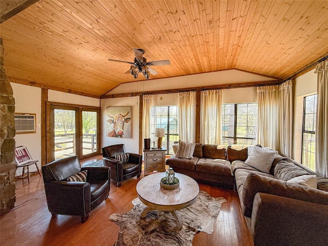 31230 N County Road 3170, Elmore City, OK 73433 - living area with vaulted ceiling, an AC wall unit, wooden ceiling, a ceiling fan, and hardwood / wood-style flooring