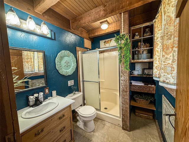 31230 N County Road 3170, Elmore City, OK 73433 - bathroom featuring toilet, a stall shower, beamed ceiling, wooden ceiling, and vanity
