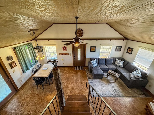 31230 N County Road 3170, Elmore City, OK 73433 - living room with lofted ceiling, a ceiling fan, wood ceiling, and a healthy amount of sunlight