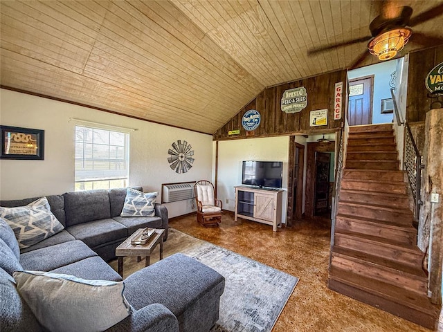 31230 N County Road 3170, Elmore City, OK 73433 - living room featuring stairway, wood ceiling, carpet floors, lofted ceiling, and a wall unit AC