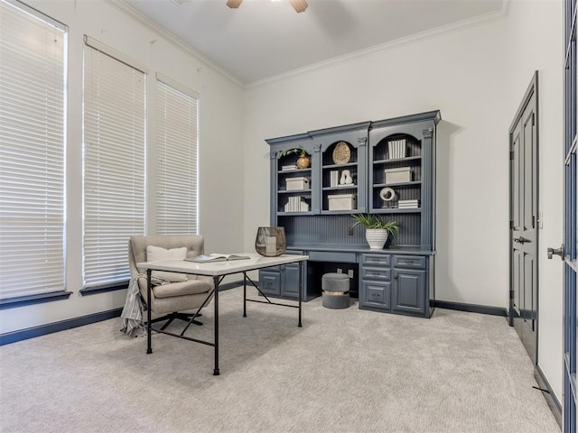 15213 Wilford Way, Edmond, OK 73013 - office with light carpet, crown molding, a ceiling fan, and baseboards