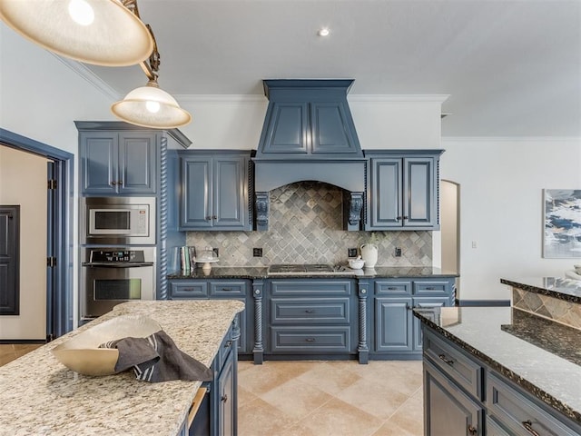 15213 Wilford Way, Edmond, OK 73013 - kitchen featuring dark stone countertops, blue cabinets, backsplash, and stainless steel appliances
